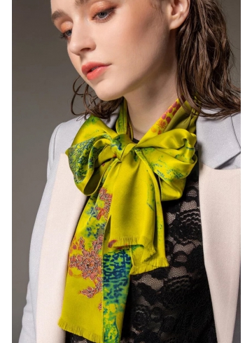 綠金色綴蕾絲京繡蜂鳥絲巾