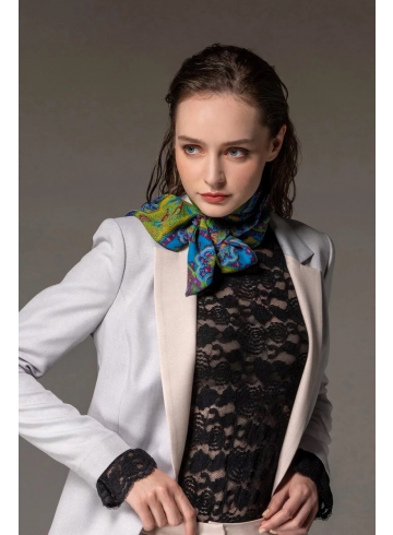 藍底印花窄絲巾