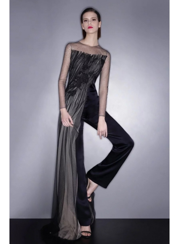 網紗縐褶蕾絲點綴禮服(搭配褲裝)