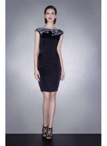 靛青色緞面手工蕾絲洋裝