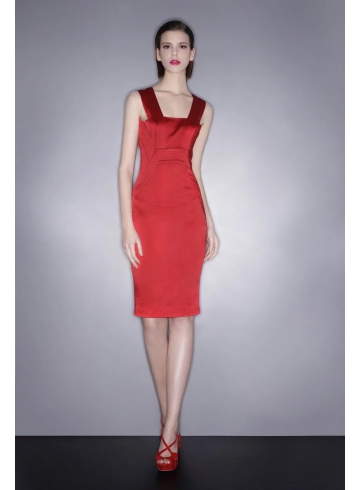 紅色緞面裁片設計洋裝