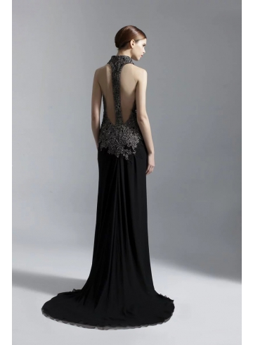 銀色立體蕾絲深V長禮服