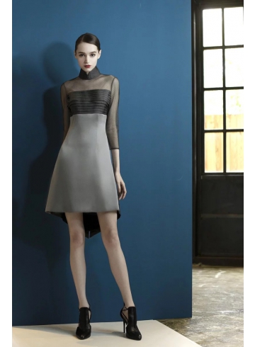 雙灰色拼接設計立領洋裝