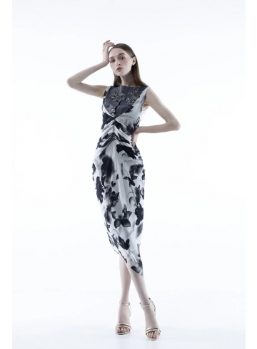 黑白潑墨印花雪紡洋裝
