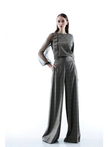 咖啡色薄毛料綬帶上衣 / 寬褲 套裝