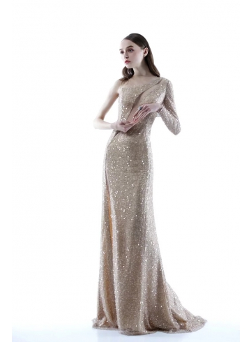 米金色斜襟設計不對稱禮服