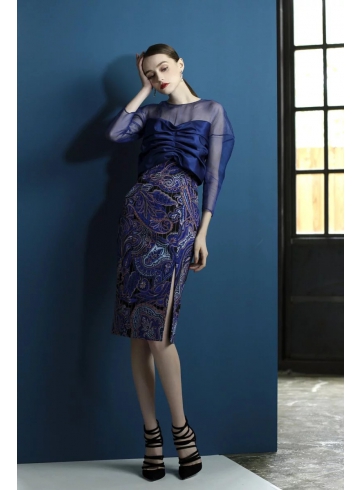 藍綢緞拼接藍紫印花裙 / 薄紗長袖洋裝