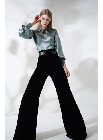 新藝術運動 Art Nouveau Collection - 印花鑲鑽葉子上衣 - 黑絲絨寬襬長褲