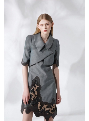 新藝術運動 Art Nouveau Collection - 灰拼接牛皮外套 / 灰蕾絲拼接牛皮洋裝