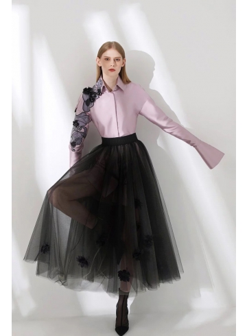 新藝術運動 Art Nouveau Collection - 紫拼接皮印花襯衫 / 黑色墜花紗裙