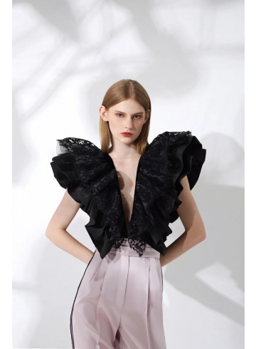 新藝術運動 Art Nouveau Collection - V領蕾絲荷葉上衣 / 淺粉色絨織帶窄管八分褲