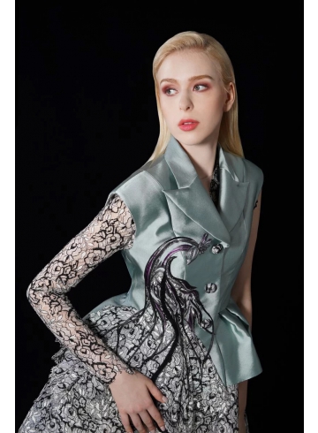 孔雀刺繡真絲背心外套 / 黑白蕾絲洋裝 套裝