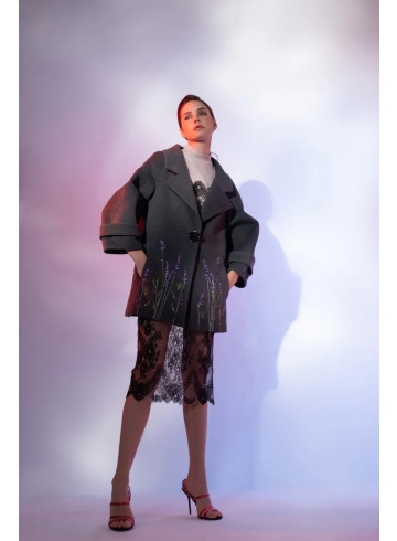 喀什米爾毛料混紡手工刺繡短大衣