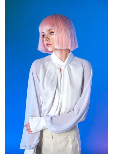 領口抓褶燈籠袖上衣 / 三層設計高腰長褲