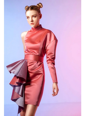 可拆式波浪腰帶單肩洋裝