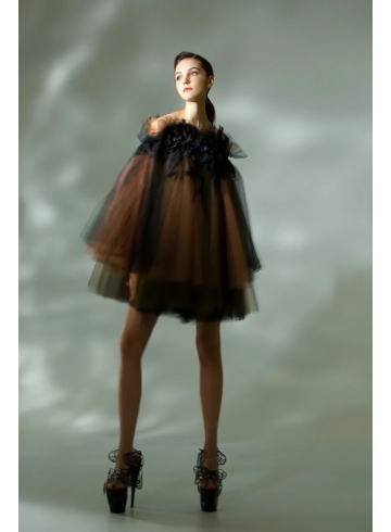 無肩網紗傘狀洋裝