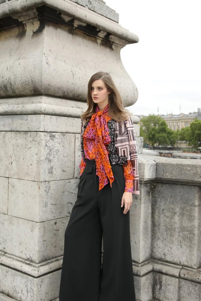 杜樂麗 Jardin des Tuileries Colle-亮片短外套 / 帶領橘雪紡襯衫 / 壓側條深卡其寬長褲