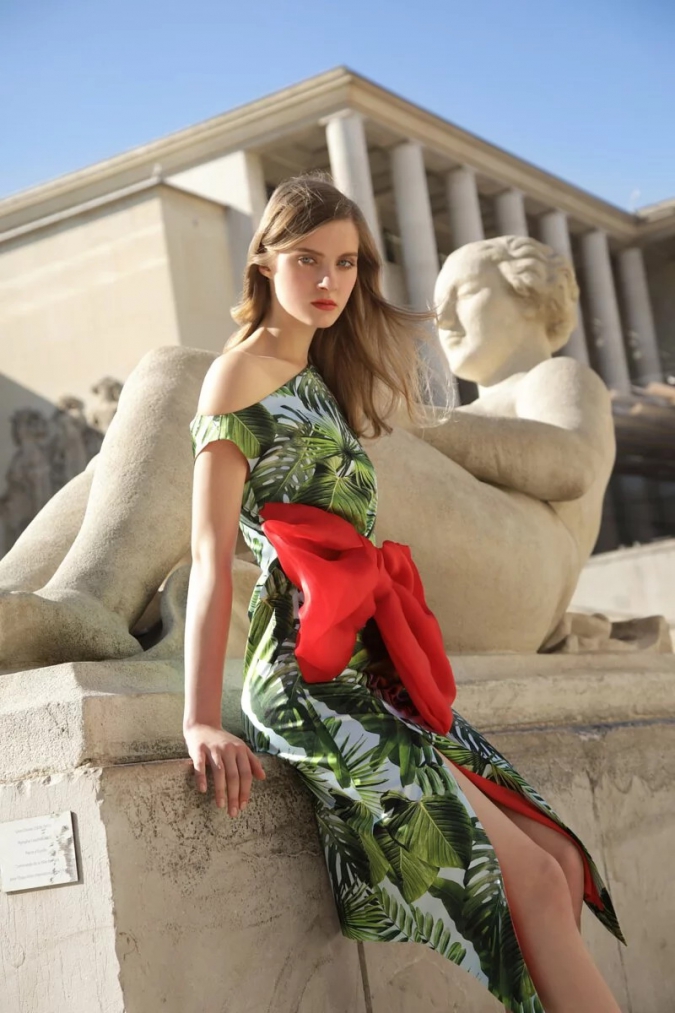 杜樂麗 Jardin des Tuileries Colle-斜落肩立裁綠花洋裝