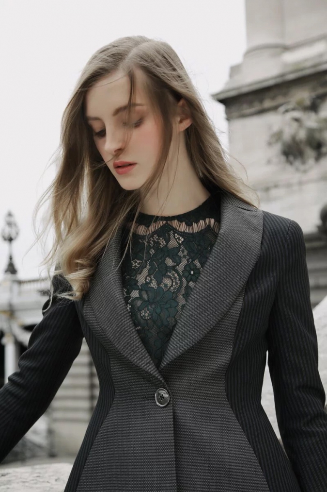 杜樂麗 Jardin des Tuileries Colle-黑灰拼接商務外套 / 商務寬擺長褲