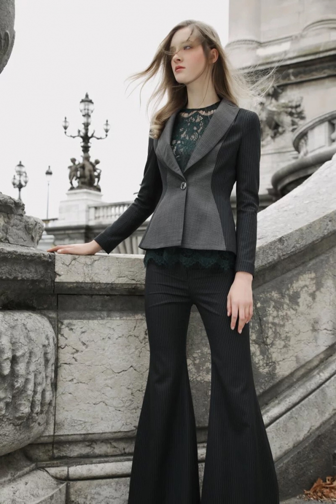 杜樂麗 Jardin des Tuileries Colle-黑灰拼接商務外套 / 商務寬擺長褲